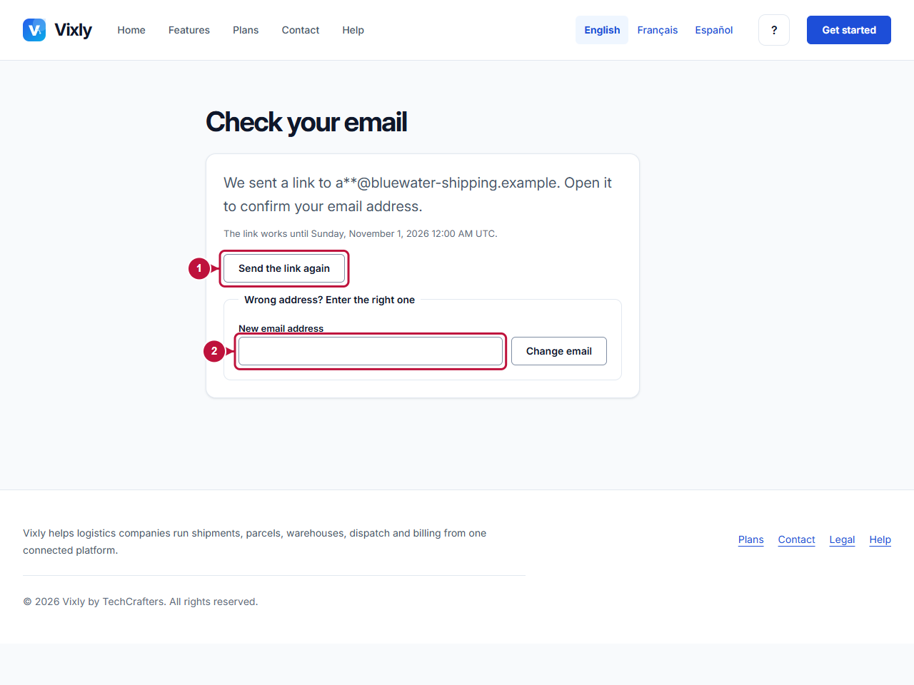 Annotated screen showing where to act: Email status, resend and correction