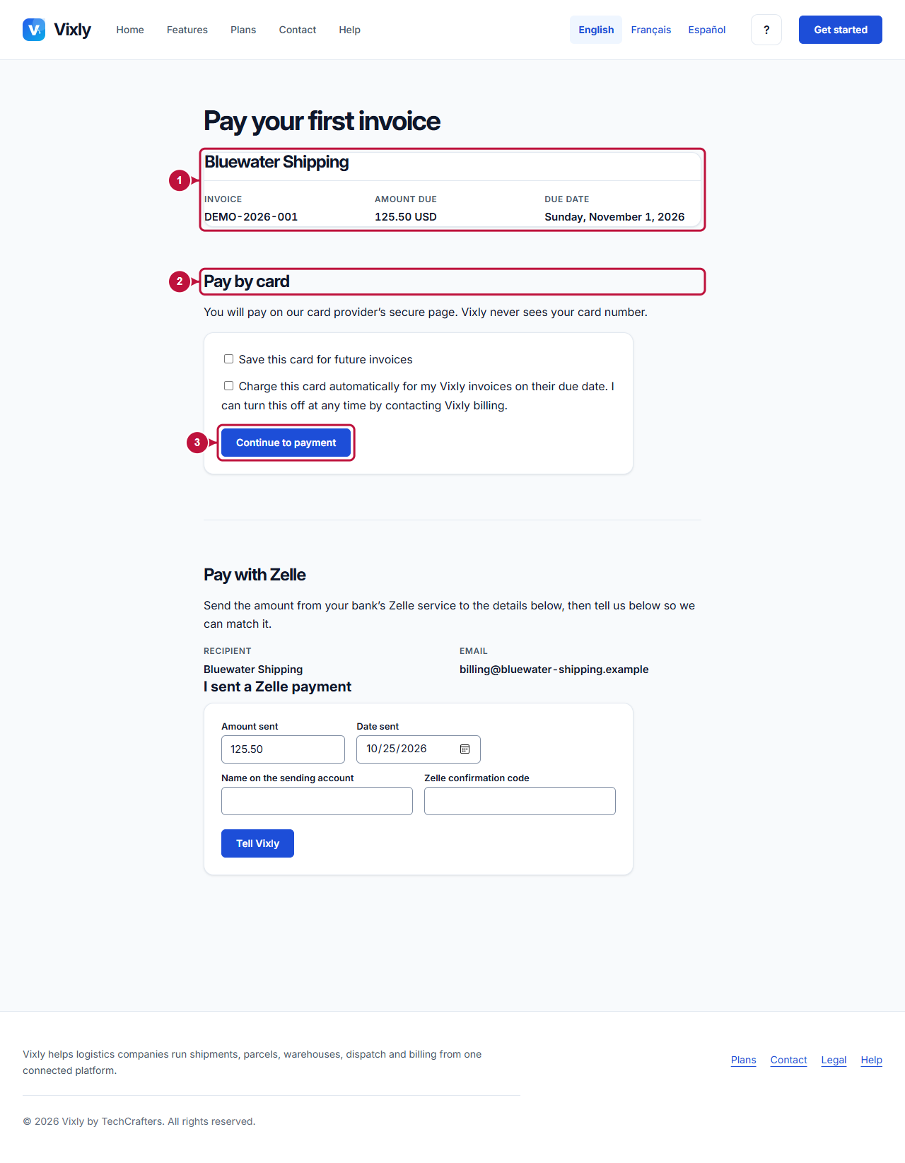 Annotated screen showing where to act: First invoice and payment action