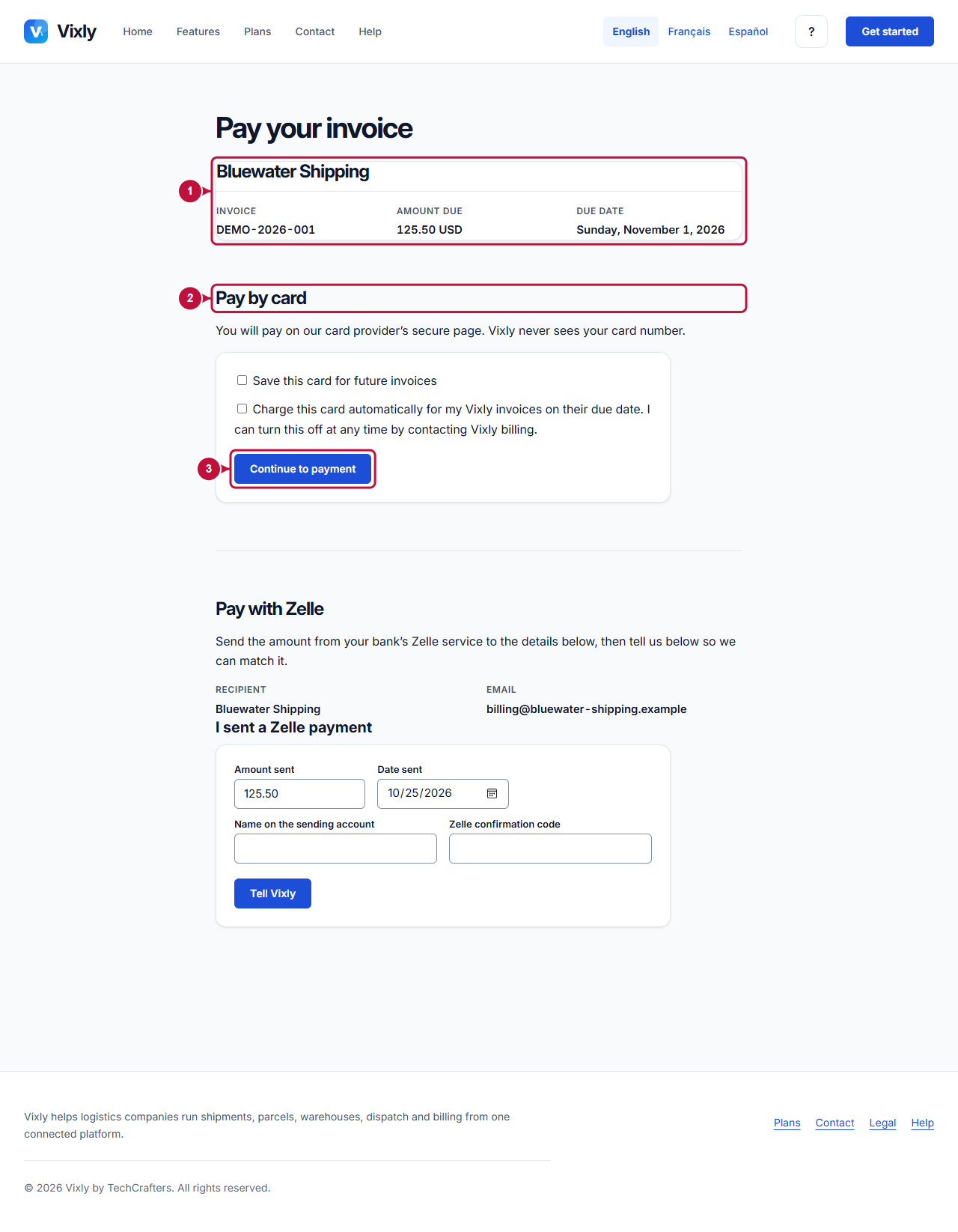 Annotated screen showing where to act: Invoice details and card checkout