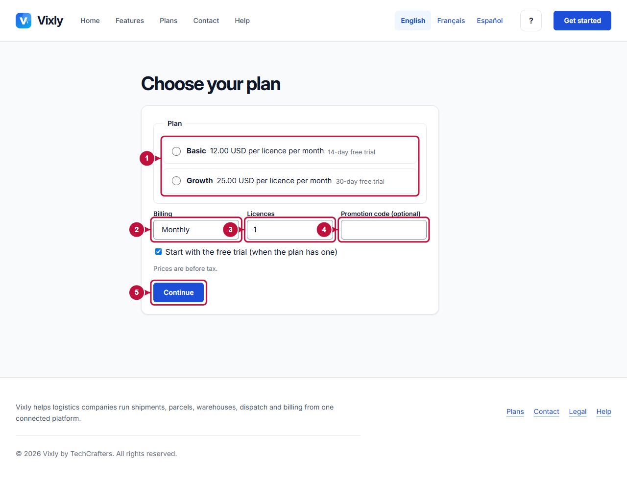 Annotated screen showing where to act: Plan, billing period and licences