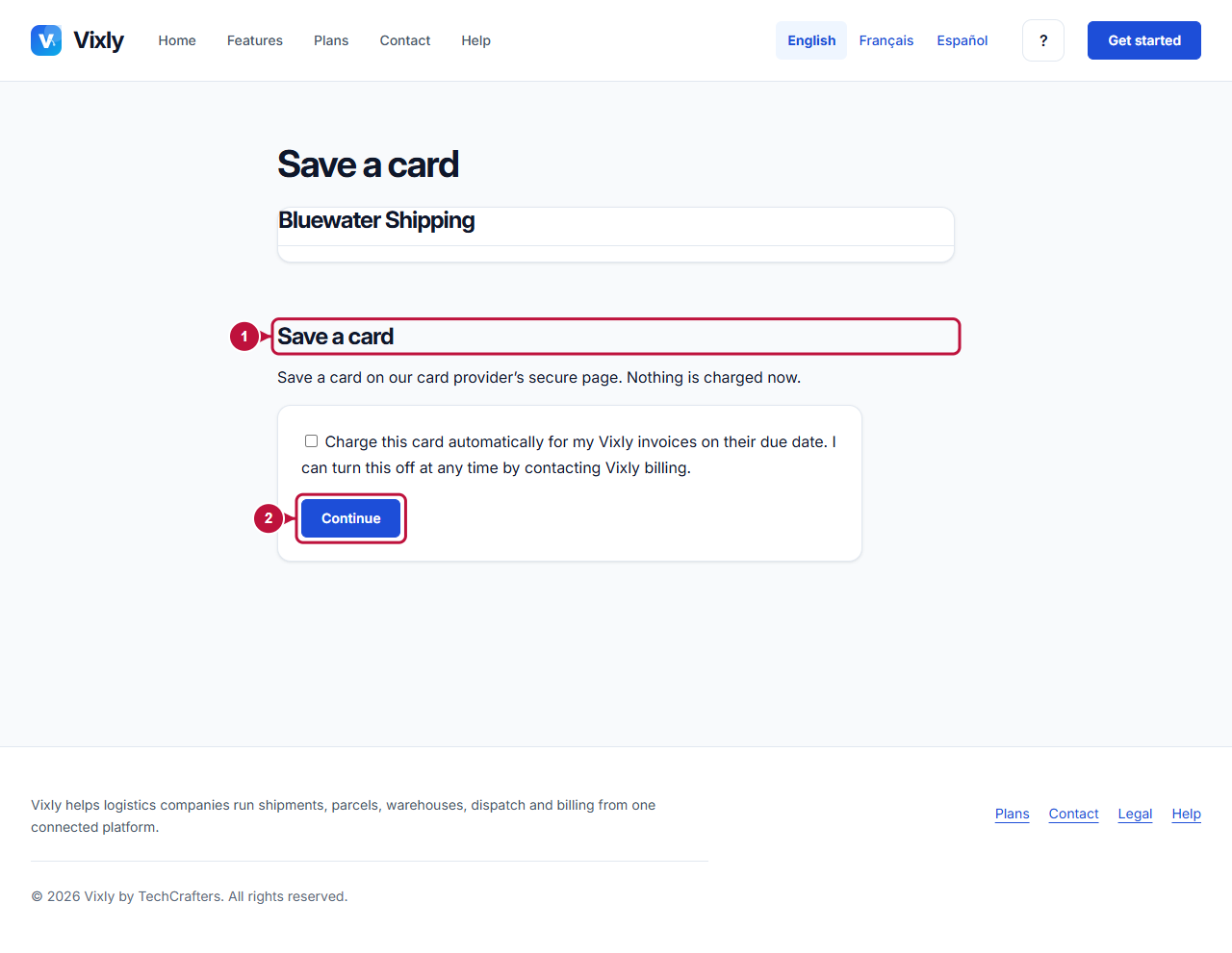 Annotated screen showing where to act: Save-card checkout action