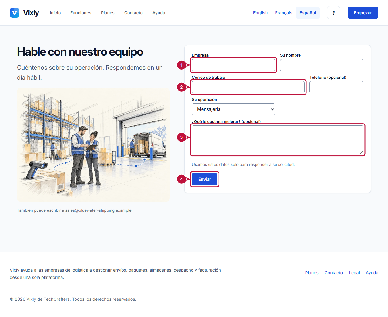 Pantalla anotada que indica dónde actuar: Formulario de contacto de ventas