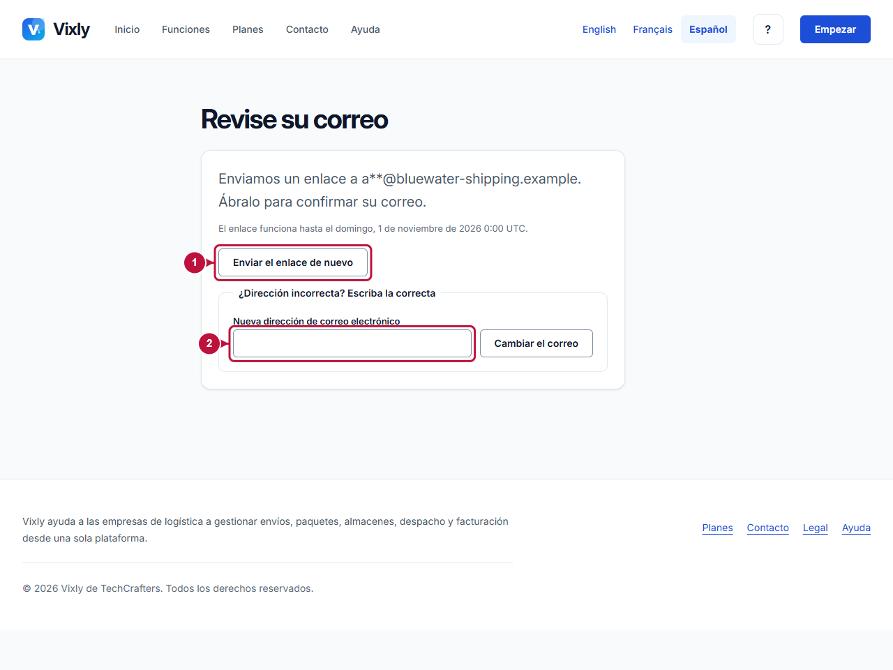 Pantalla anotada que indica dónde actuar: Estado, reenvío y corrección del correo