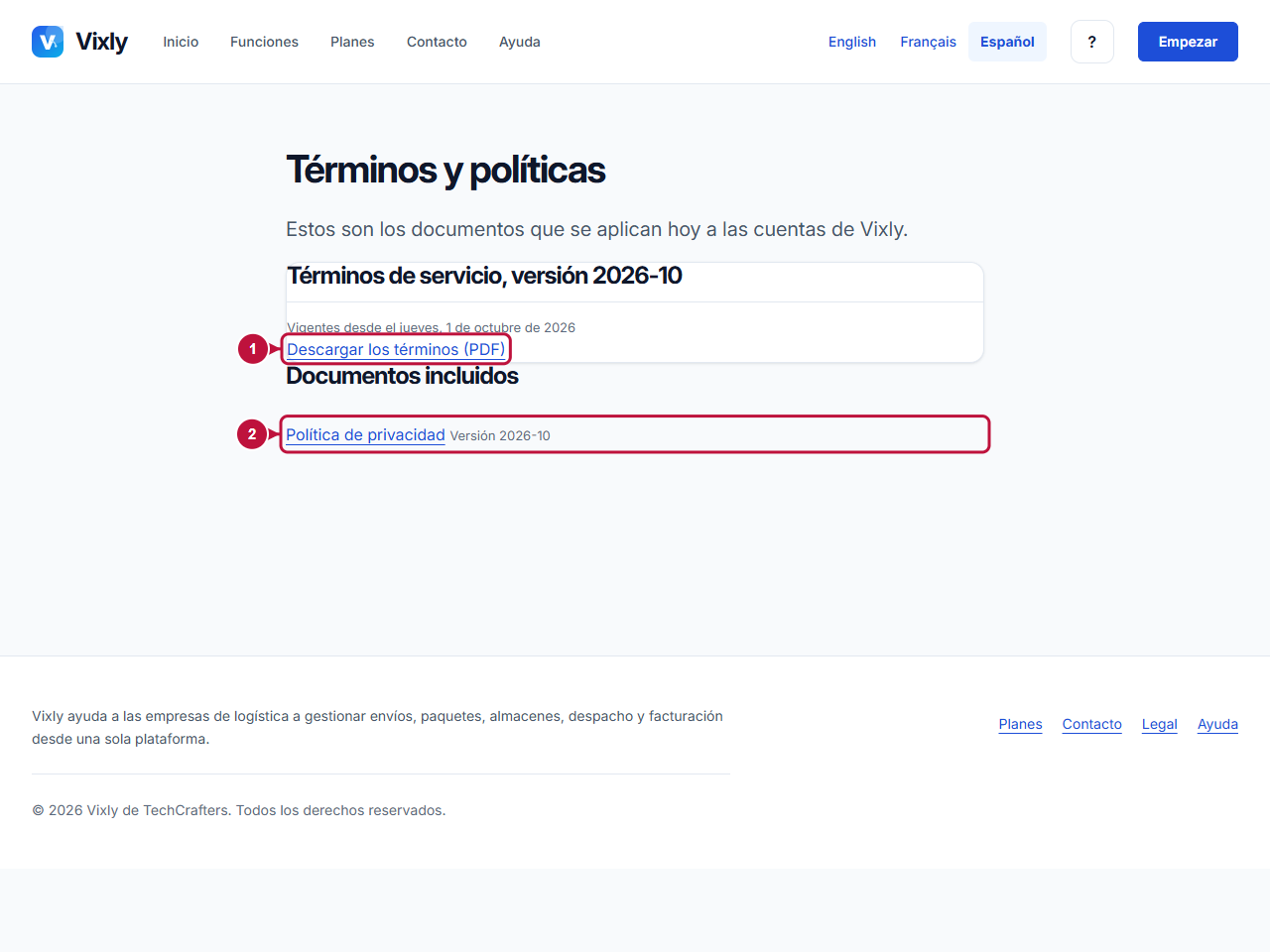 Pantalla anotada que indica dónde actuar: Descargas de condiciones y privacidad