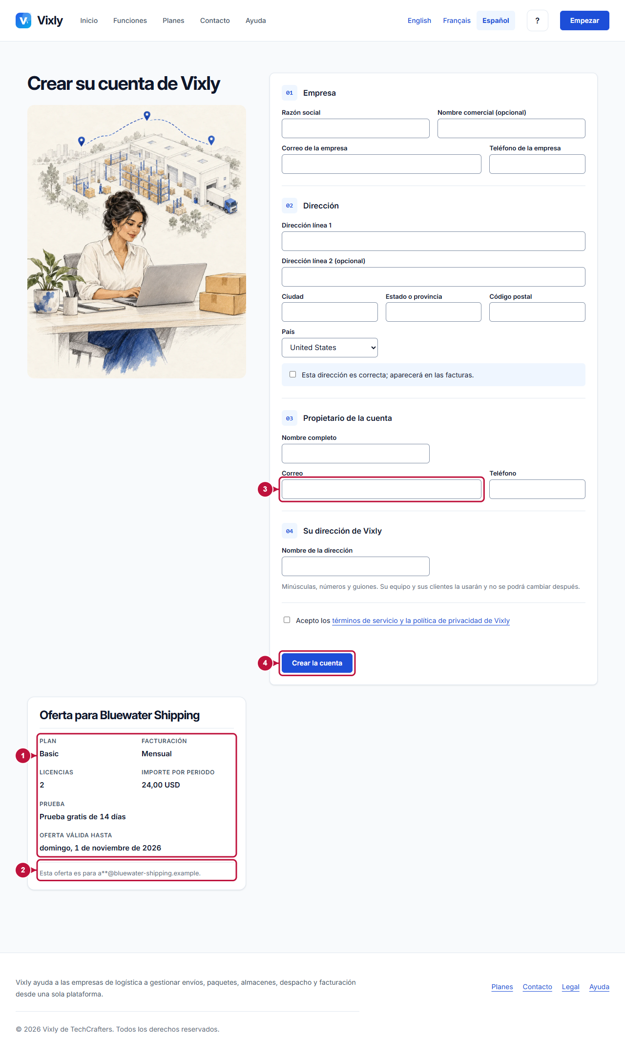 Pantalla anotada que indica dónde actuar: Condiciones de invitación y correo del propietario