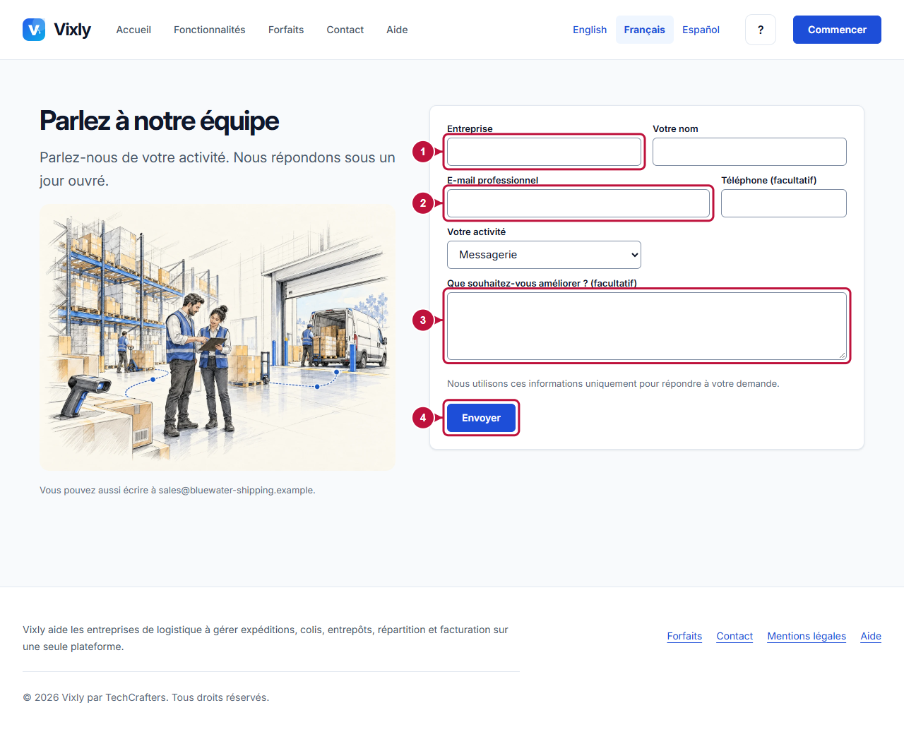 Écran annoté indiquant où agir: Formulaire de contact commercial