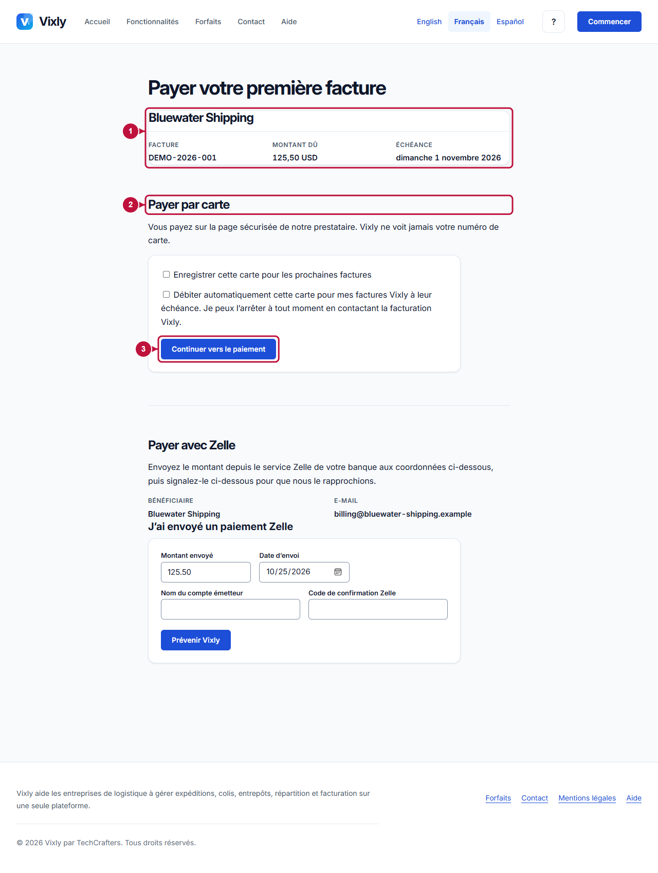 Écran annoté indiquant où agir: Première facture et action de paiement