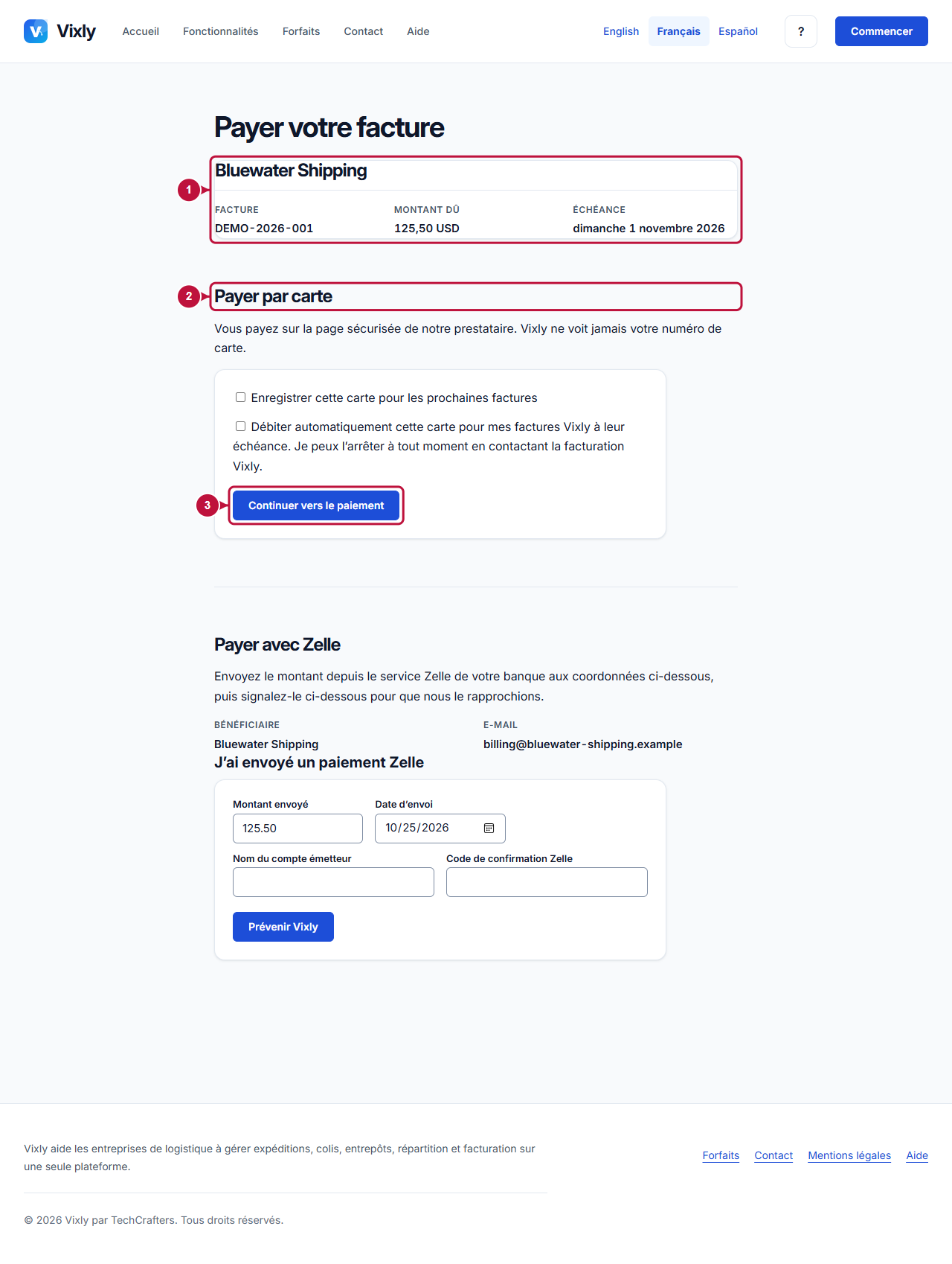 Écran annoté indiquant où agir: Détails de la facture et paiement par carte