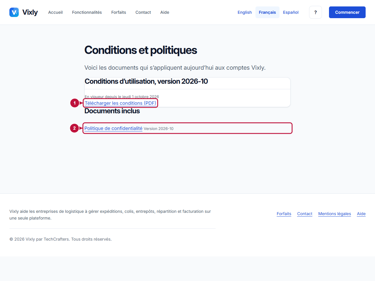 Écran annoté indiquant où agir: Téléchargement des conditions et de la confidentialité