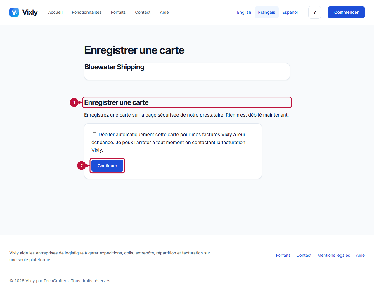 Écran annoté indiquant où agir: Action d’enregistrement de carte