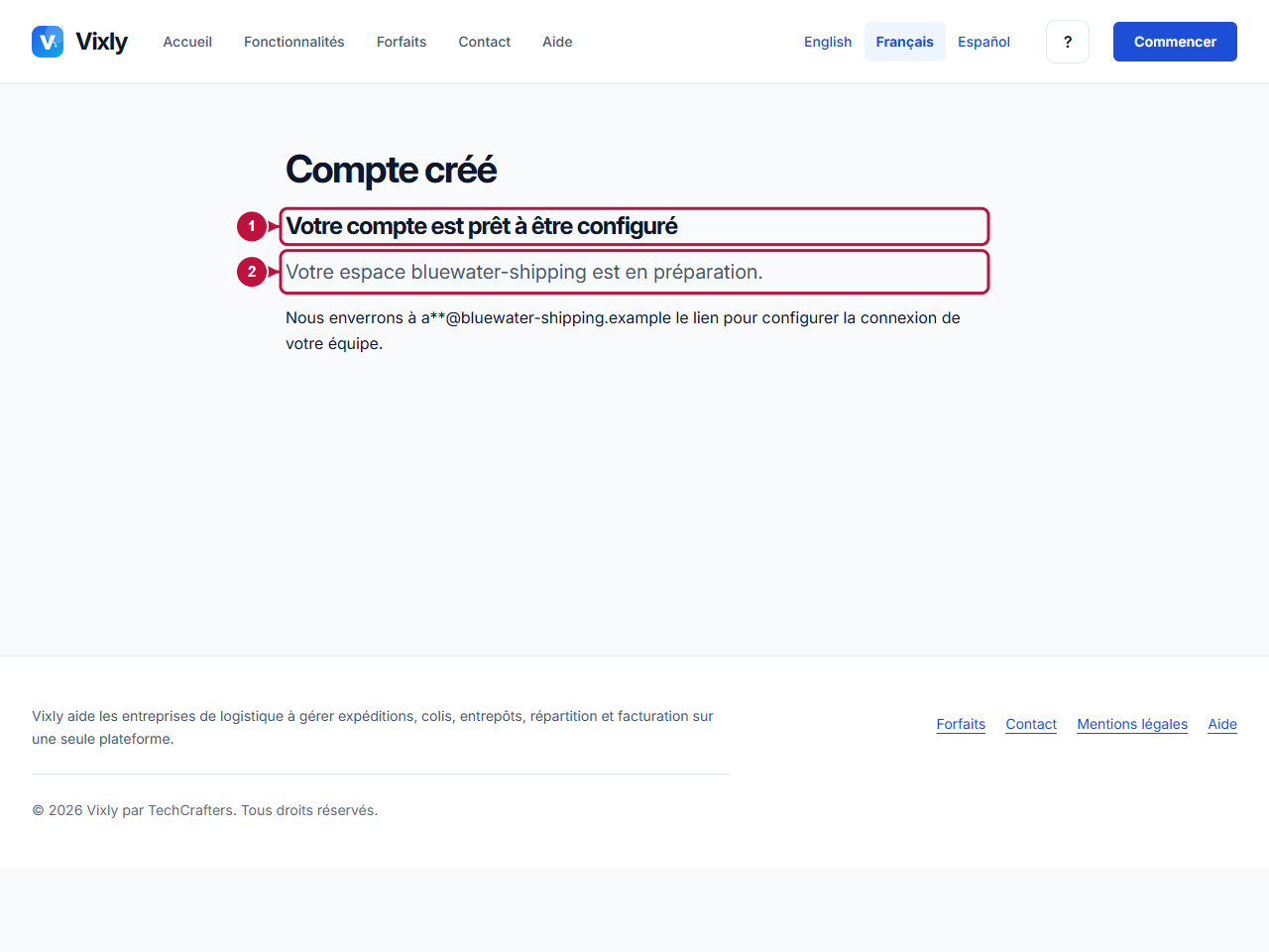 Écran annoté indiquant où agir: Création du compte et accès à l’espace